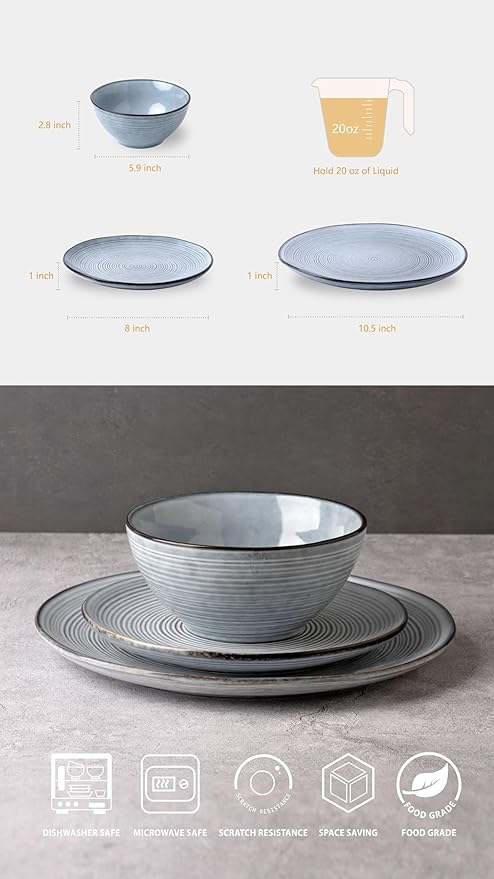 famiware Tempus Plates and Bowls Sets for 8, 24 Pieces Stoneware Dinnerware Sets, Dishes Set, Reactive Glaze Dishware Sets, Dishwasher & Microwave Safe - Pearl Blue