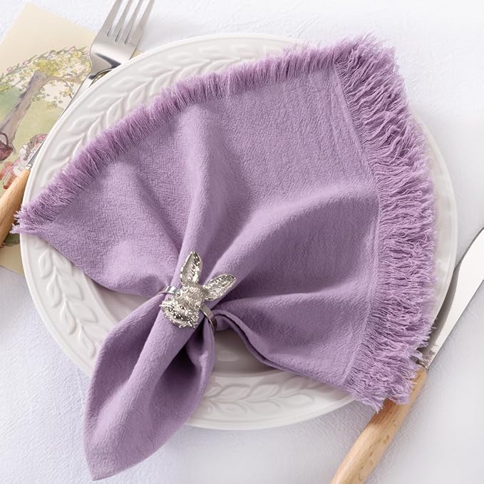 DeZerlor 12 Pack Purple Cotton Linen Napkins with Fringe Summer Cloth Napkins Set of 12 Boho Handmade Dinner Napkins Bulk for Wedding Bridal Baby Shower Parties, 17 x 17 Inches