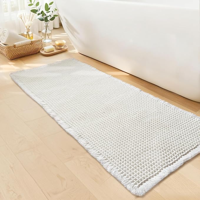 White Long Bathroom Rugs, Waffle Runner Bath Mat Non Slip Washable, Super Absorbent & Quick Dry, Boho Bath Mat Farmhouse Bathroom Decor, 24'' x 72'', White