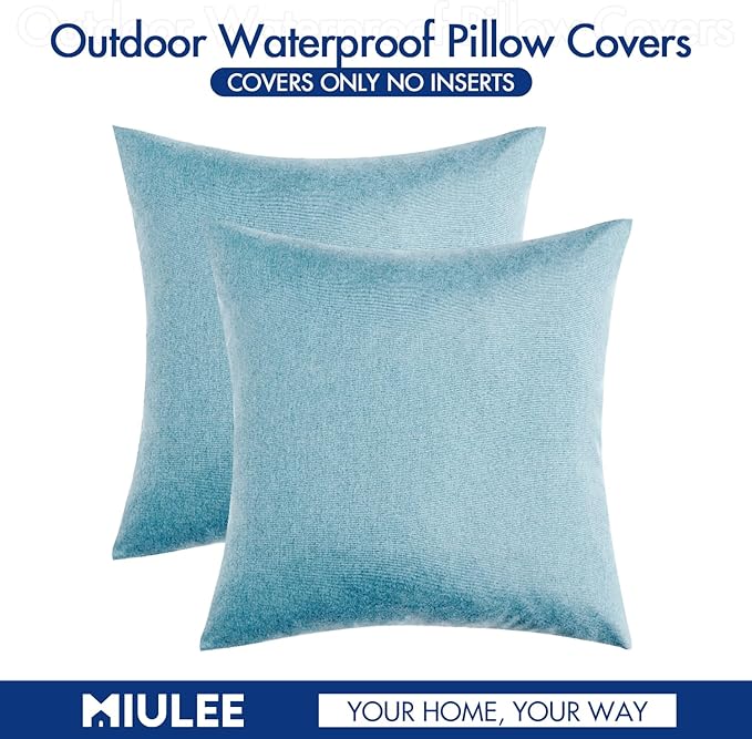 MIULEE Pack of 2 Decorative Outdoor Solid Waterproof Throw Pillow Covers Faux Linen Garden Farmhouse Coastal Cushion Cases for Summer Patio Tent Balcony Couch Sofa 16x16 Inch Blue Gray