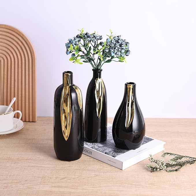 Black and Gold Ceramic Vase Set of 3, Ceramic Vase Set for Decorative, Black and Gold Single Stem Vases for Centerpieces Nightstand Kitchen, Boho Farmhouse Home Decoration