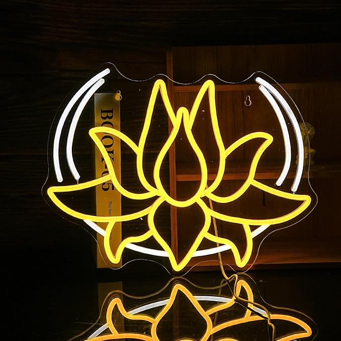 Moon Lotus Flower Neon Sign Dimmable White Moon Neon Light for Wall Decor USB Power Yellow Lotus Led Light Up Sign for Bedroom Yoga Room Game Room Man Cave