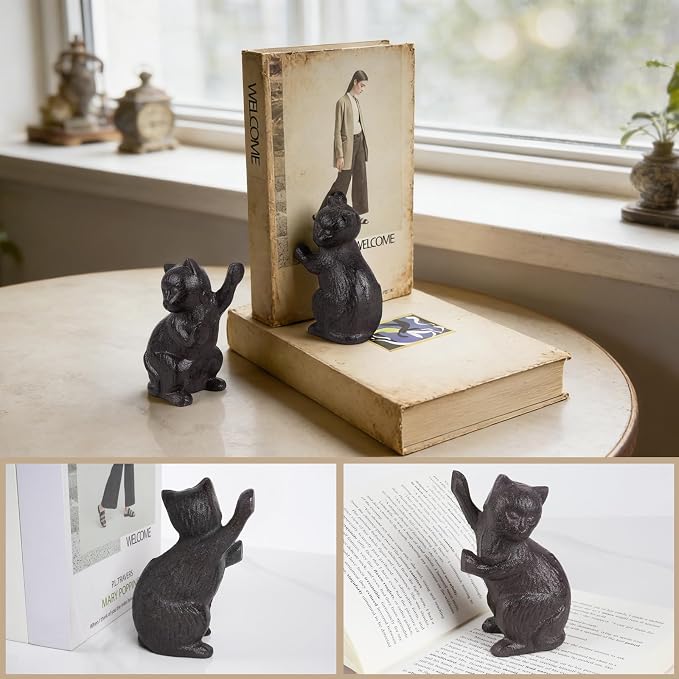 Decorative Cat Bookends, Cast Iron Kitty Book Ends, Heavy Duty Book Stopper, Vintage Antique Brown Black Home Decor, Cute Cat Statues for Shelf Decoration, 2 Pack (Black)