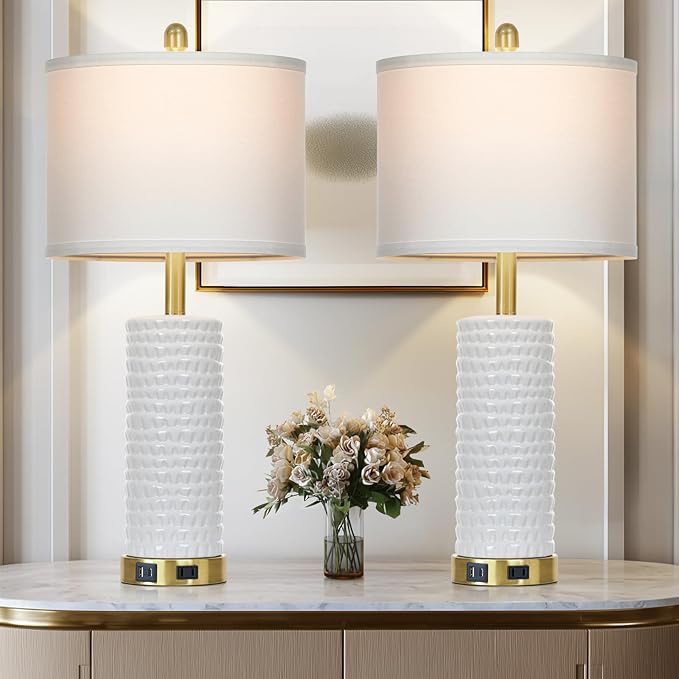 Cinyirong 26" White Table Lamps for Living Room Set of 2, Ceramic Bedroom Lamps for Nightstands, Modern Bedside Lamps for Bedroom Living Room, Nightstand Lamps for End Table, Hallway, Gold and White