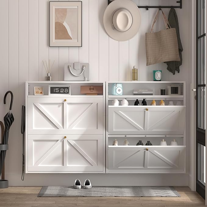 Shoe Storage Cabinet for Entryway, 2 Flip-Down Floating Hidden Shoe Rack, Ultra Slim Wall Mounted Steel Shoe Organizer for Small Spaces, Modern Front Door Shoe Storage, Anti-Tip, White