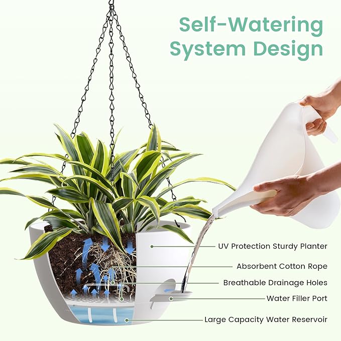 UOUZ 4 Pack 8 Inch Self Watering Hanging Planters for Indoor Outdoor Plants，Hanging Pots for Plants with Drainage Removable Tray, Hanging Baskets Flower Pots for Ivy Pothos Spider Garden Porch White