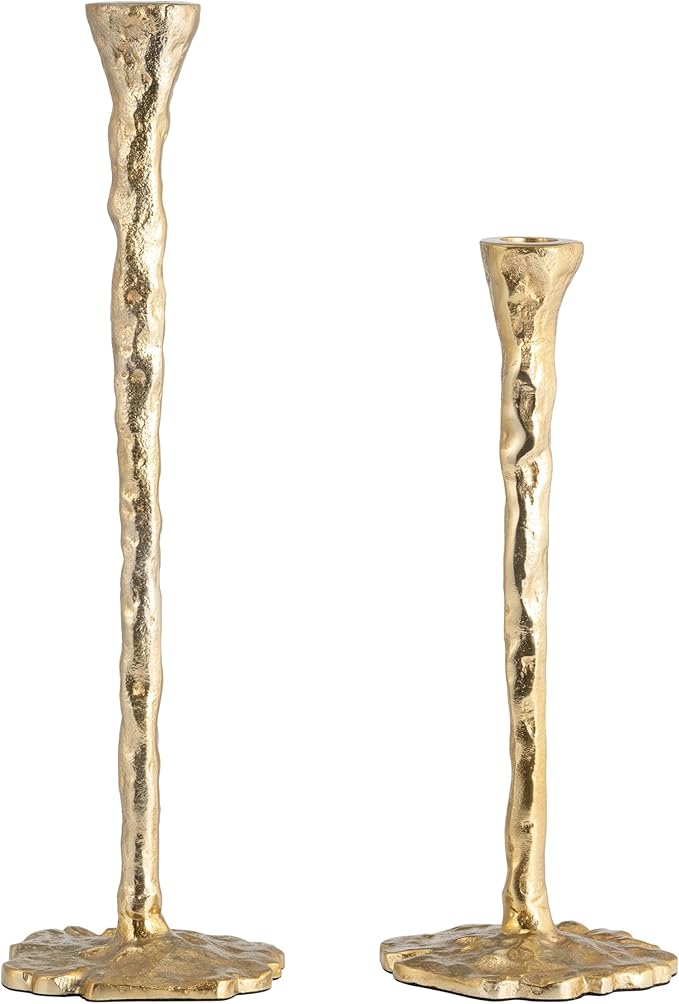 Sculpted Metal Candle Holder with Base – Abstrac Aluminum Decorative Taper Candle Holders – Metalic Office and Home Decor Accents for Living Room & Bedroom – 11", Gold