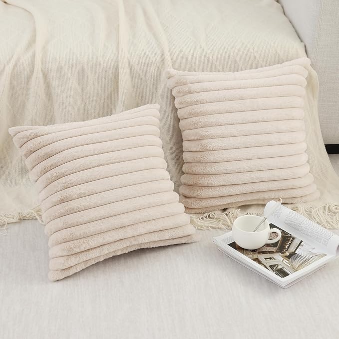 Pallene Faux Fur Plush Throw Pillow Covers 26x26 Set of 2, Luxury Soft Fluffy Striped Decorative Pillow Covers for Sofa, Couch, Living Room, Apricot