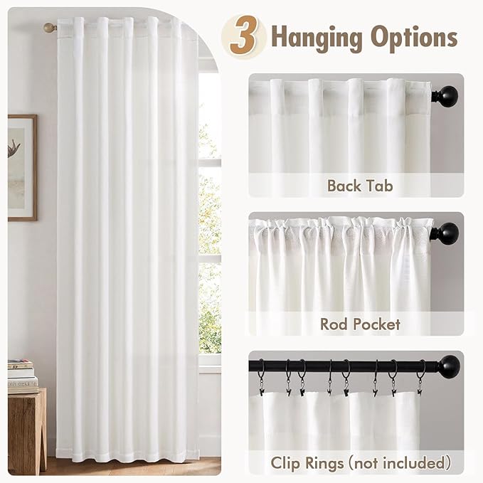 MIULEE Faux Linen Curtains 63 Inch Length 2 Panels Heathered White Semi Sheer Curtain with Back Tab Rod Pocket, Light Filtering Window Privacy Burlap Drapes for Living Room Bedroom 42W x 63L