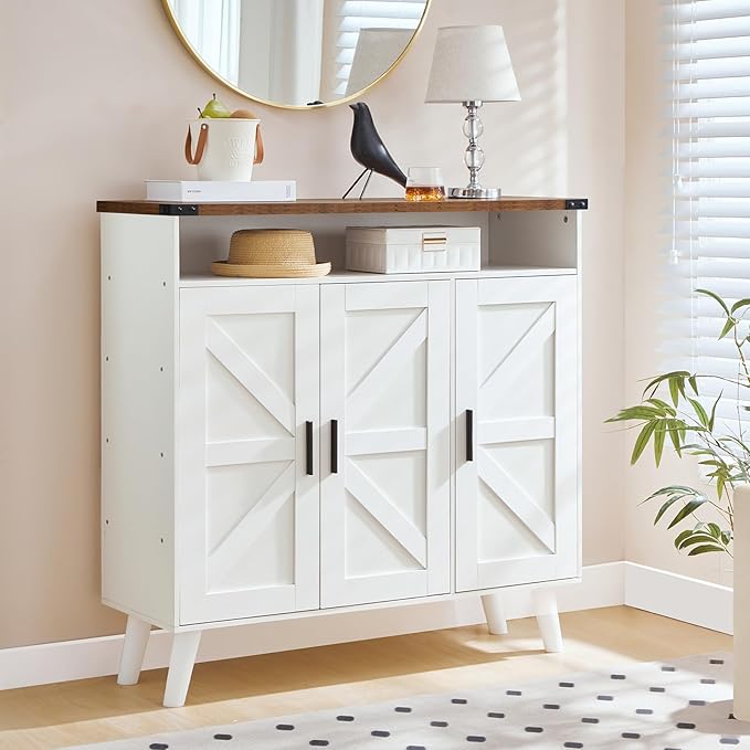 HOOBRO Shoe Cabinet Storage for Entryway, Wooden Shoe Organizer Cabinet With 3 Doors, 39.4" Freestanding Shoe Cabinet Storage for Closet, Entryway, Large Capacity, Farmhouse, White and Walnut WH20SC01