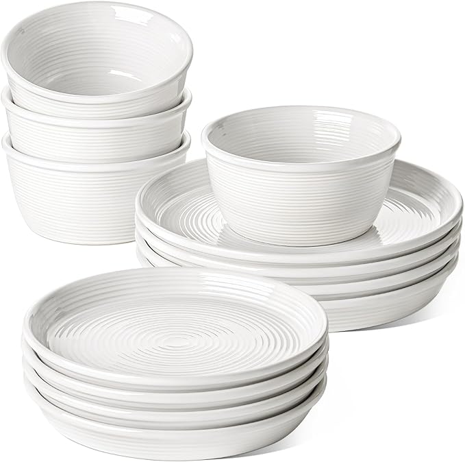 LE TAUCI Ceramic Plates and Bowls Set for 4, 12-Piece Ceramic Dinnerware Set, Farmhouse Dishes Set, Microwave & Dishwasher Safe, Stackable, 10" Dinner+8" Salad Plates+6" Bowls, White