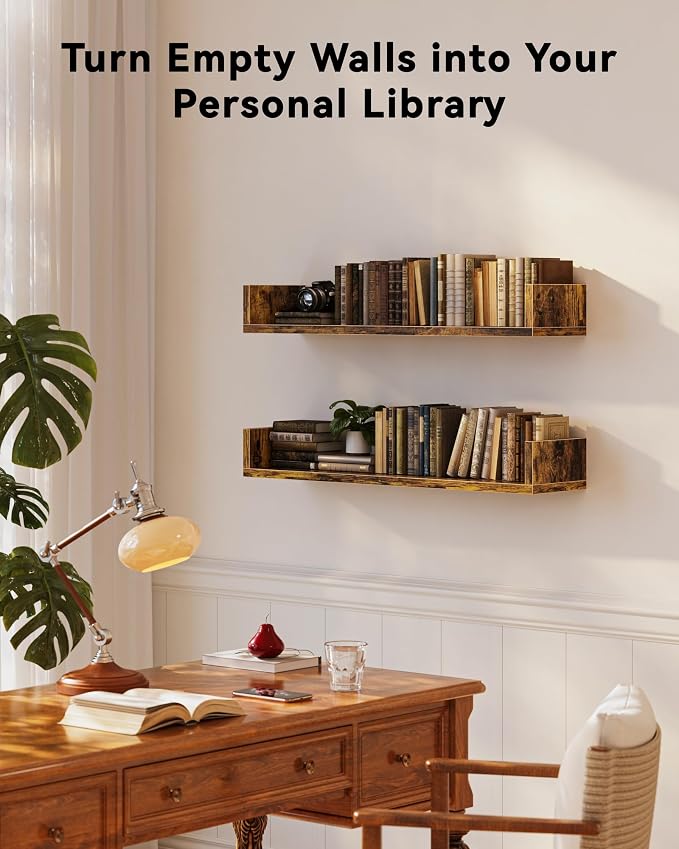 Floating Bookshelves for Wall - Wall Mounted Bookshelf Set of 4, U-Shaped Hanging Bookshelf for Bedroom, Living Room & Office, Wall Book Shelf for Home Decor & Storage (Rustic Brown, 31.5, 2)