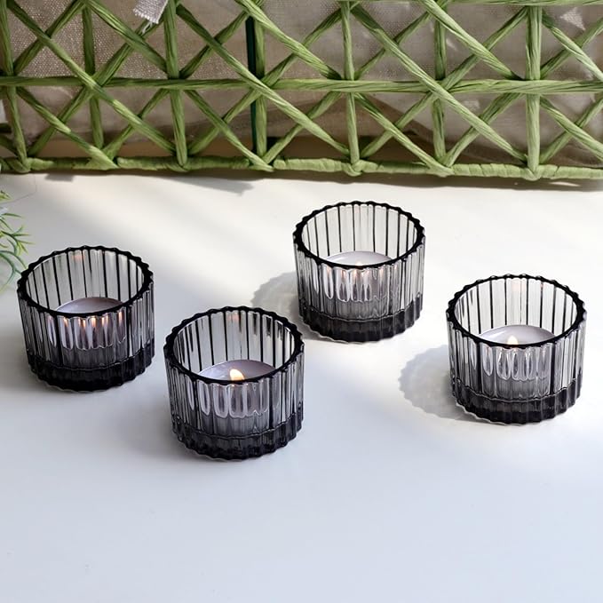 VOHO Classic Grey Tealight Candle Holder for Modern Home Decor, Set of 12 Tea Light Candle Holder Glass Ribbed Gifts for Thanksgiving Holiday, Small Votive Candle Holders for Birthday Themed Party