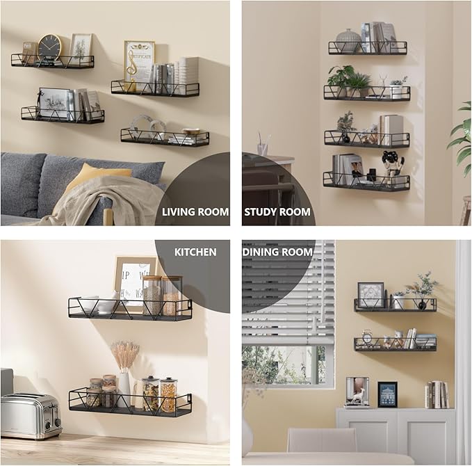 Amaoot Floating Shelves Set of 4, Home Wood Wall Shelf, Farmhouse Shelf for Bedroom, Wall Mounted Floating Shelf for Living Room, Bedroom, Bathroom, Kitchen, Office (Black)