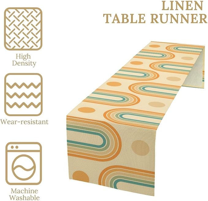 Mid Century Modern Table Runner, Colorful Rainbow Neutral Groovy Curved Sun Table Runner for Kitchen Dining Home Party Birthday Party Decor, 13x90 Inch