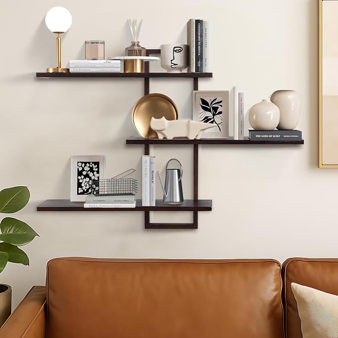 PHOENANCEE 3 Tier Wall Shelves,Decorative Floating Shelf for Wall,Plants Photo Shelf Storage Display Shelving Wood for Living Room Bedroom Kitchen Home Office Decor,Modern,Large,22 Inch(Walnut