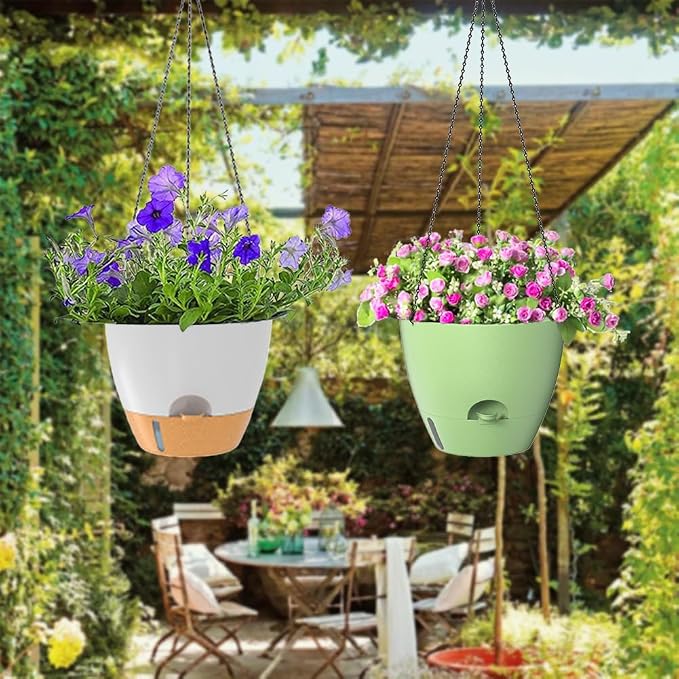 2 Pack Hanging Planters, 8 Inch Self Watering Hanging Pots for Indoor Outdoor Plants,Hanging Basket Plant Hanger Flower Pots with Drainage Holes and Visual Reservoir