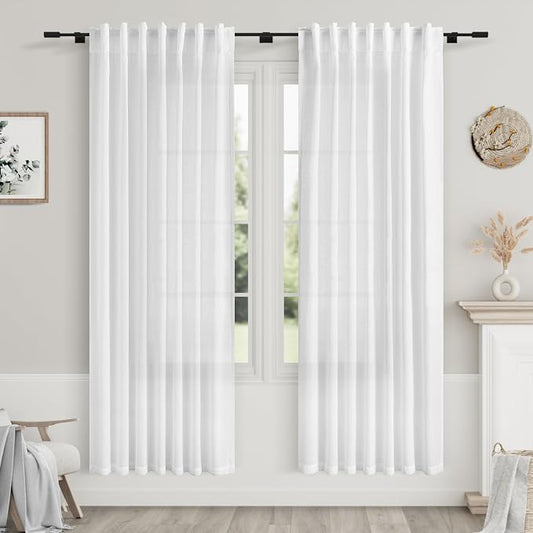 Nanspring White Semi Sheer Linen Curtains for Living Room 2 Panels Set Back Tab Rod Pocket Modern Farmhouse Coastal Decor Linen Textured Gauze Curtains for Dining Room Office Kitchen 52x69