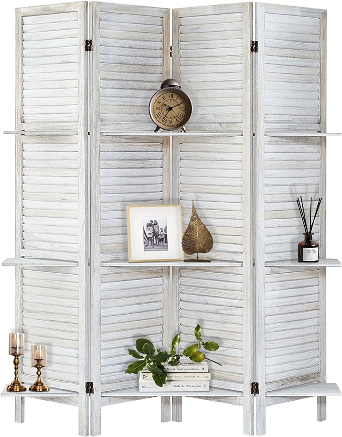 Room Divider with Shelves, Privacy Screen, Room Dividers and Folding Privacy Screens, 4 Panel Wood Temporary Wall Partition Separation Separator, Distressed White