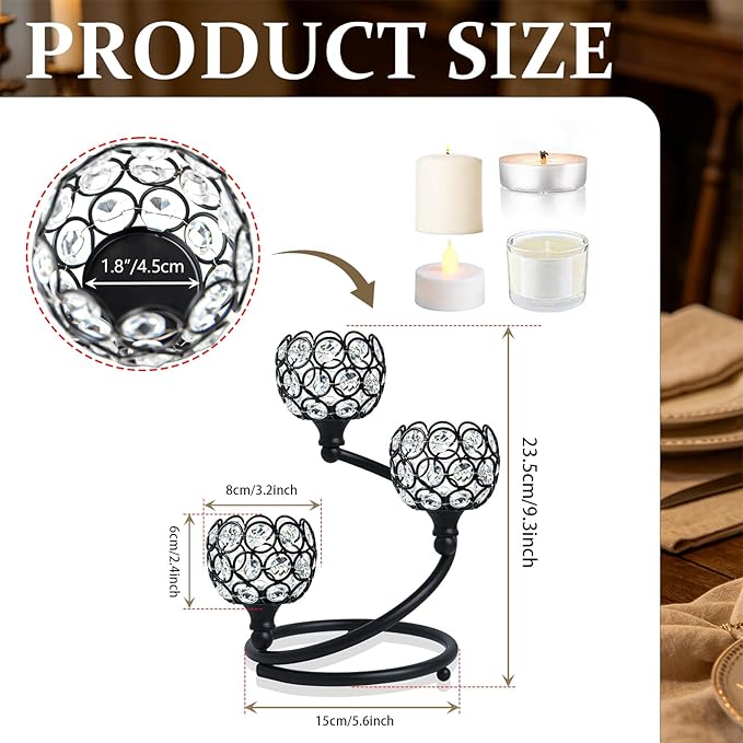 Metal Crystal Candle Holder Set of 3 - Elegant 5-Arm Metal Tea Light Centerpiece with Shining Crystal Bowl, Wedding Anniversary Table Decor for Dining, Party (Black, 6 Pcs 3 Arm)