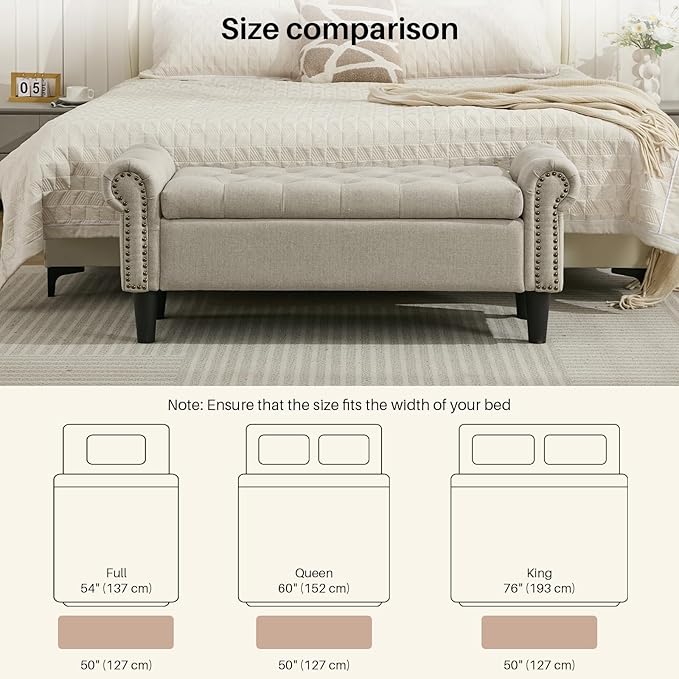 SOFTHION Storage Bench, 50" Queen End of Bed Bench, Linen Tufted Button Upholstered Bedroom Bench, Storage Ottoman with Rolled Arms, Window Bench with Storage, for Living Room, Entryway Light Brown