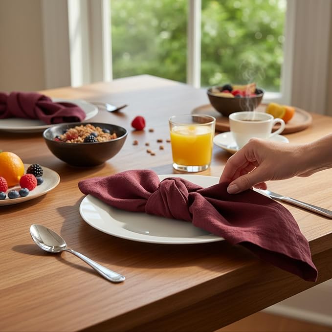 Linen Napkins –100% French Flax – Stonewashed Pure Linen Cloth Napkins - Size 18 Inch x 18 Inch – Set of 4 (Plum Burgundy)