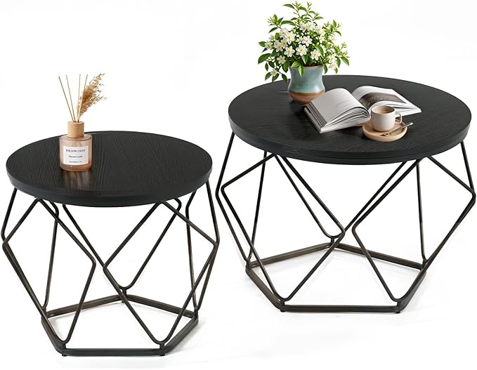 DUMOS Modern Geometric 2Pack Coffee Table, Round Nesting Side Tables with Hidden Storage, Movable End Tables for Living Room Decor & Practical Use Black