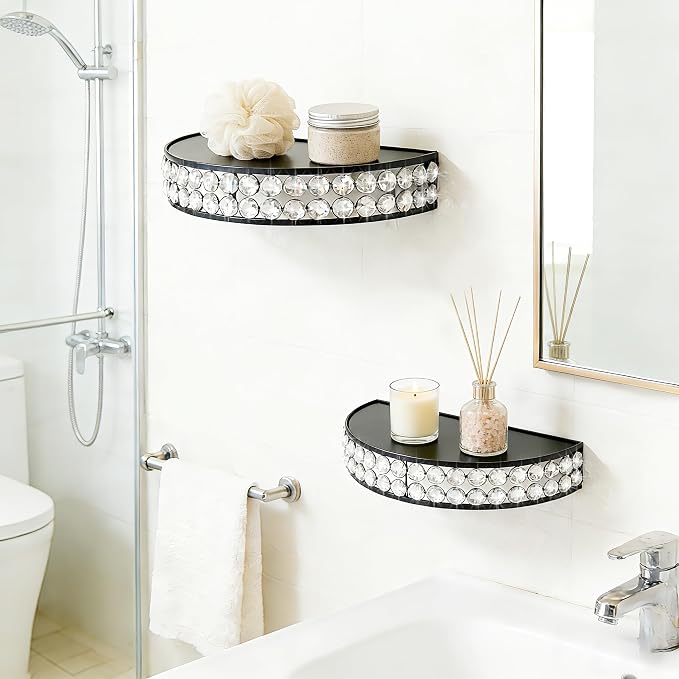 ZEXUIRU 2 Set Metal Glass Shelf for Wall Decor Bathroom Living Room Bedroom Kitchen Metal Mixed-Size, Decorative Glass Floating Wall-Mounted Tempered Shelf Rack Holder -Black