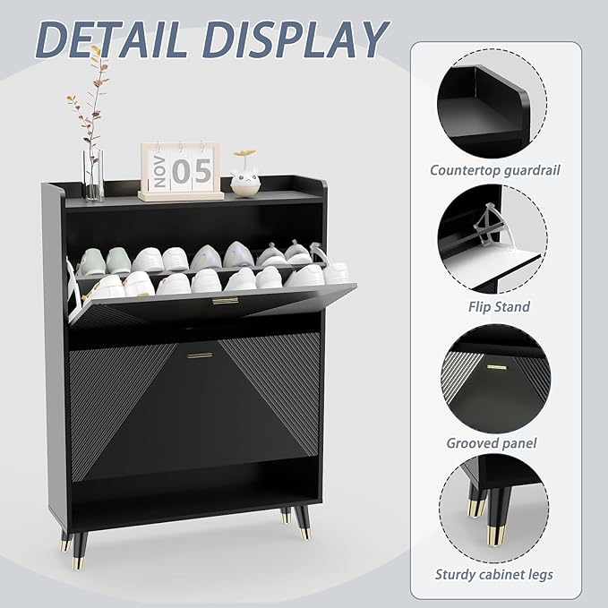 Ultra Thin Shoe Cabinet Storage for Entryway: 32" Black Narrow Shoe Cabinet with 2 Flip Drawers, Fluted Shoes Rack Hidden, Modern Slim Shoes Organizer for Hallway (Black, 2 Drawers)