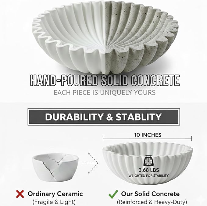 Hand-Poured Solid Concrete Decorative Bowl - Scalloped Ruffle Large Fruit Bowl, Organic Modern & Wabi Sabi Centerpiece for Kitchen Counter, Entryway Key Holder, Coffee Table Decor(10" Beige)