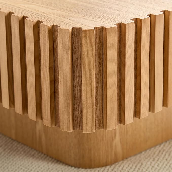 LKTART Square Coffee Table for Living Room, Accent Fluted Coffee Table with Storage, Modern Solid Wood Veneered Large Center Tea Table for Small Space Apartment (31.5''D×14''H-Natural)