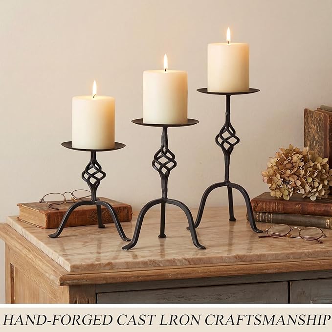 Set of 3 Black Iron Candlestick Holder Metal Vintage Candle Holder 9.8, 8, 6.3 Inch Tall Decorative Wrought Iron Pillar Candle Sconce Home Decor Wedding Dinning Party Anniversary (Retro)