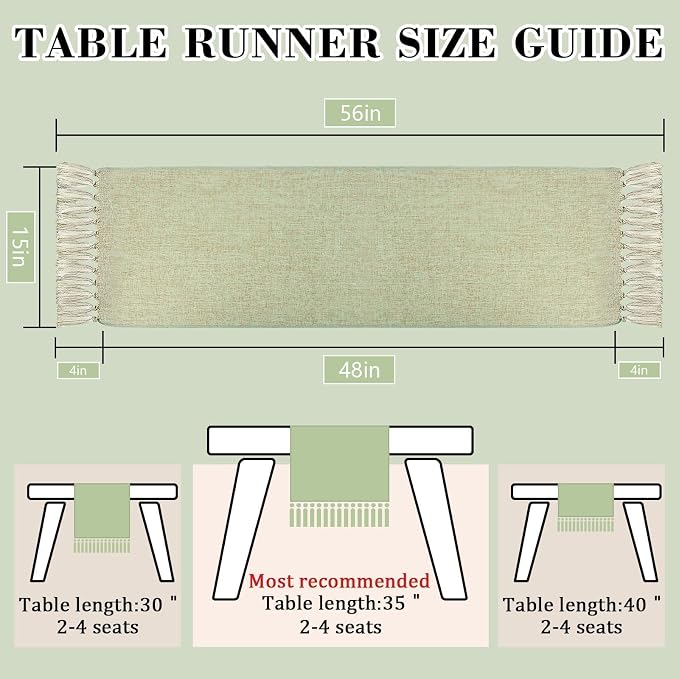 yuboo Sage Green Table Runner 48 Inches - Boho Farmhouse Coffee Table Runner for Living Room, Summer Macrame Runner for Round Table & TV Stand