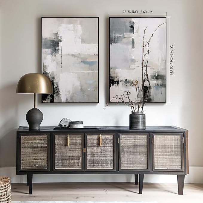 SAFERRYHOME Abstract Wall Art Modern Grey Black Framed Large Canvas Paintings for Living Room Bedroom Office Decor,Ready to Hang, 24x36 Inches, Set of 2