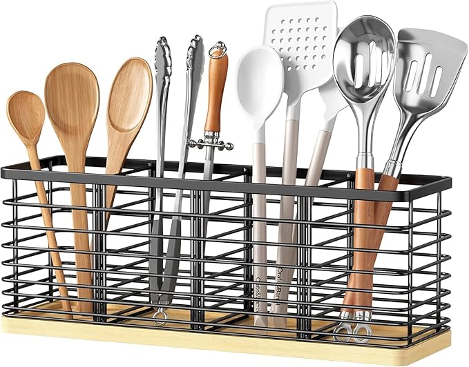 Kitchen Cooking Utensil Holder for Kitchen Counter,4 Large Black Compartments with Wooden Base utensil caddy,Rustic Style Utensil Utensil Organizer for Farmhouse Kitchen Countertop