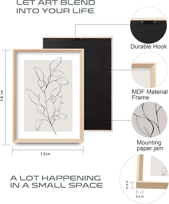 HesenDot 12x16in Botanical High Framed Wall Art Set of 3, Minimalist Line Drawing Plant Canvas Prints, Neutral Modern Nature Wall Decor for Living Room Bedroom Bathroom Office