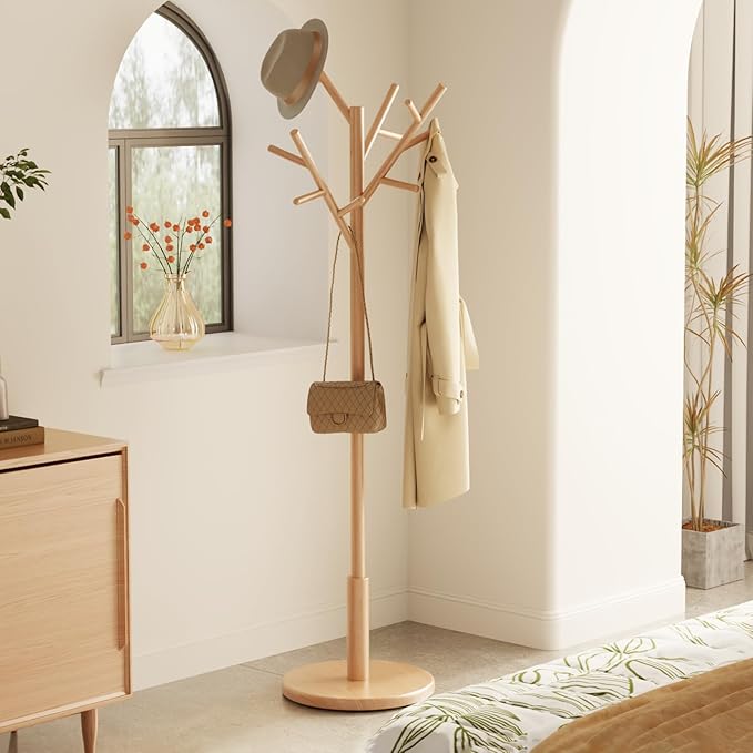 Muwuele Coat Rack,Solid Wood Coat Rack Freestanding with 12 Hooks,Coat tree freestanding 3 Adjustable Heights for coat, Hats, Handbags，Coat Stand for Entryway,Bedroom (Natural)