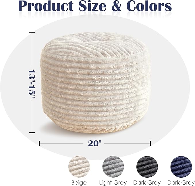 SHOUREN Stuffed Round Pouf Ottoman,Corduroy Foot Rest with Shredded Foam Filling, Lightweight and Fluffy Pouf Storage Ottoman for Living Room,Floor Poufs for Couch,20"x15", Beige