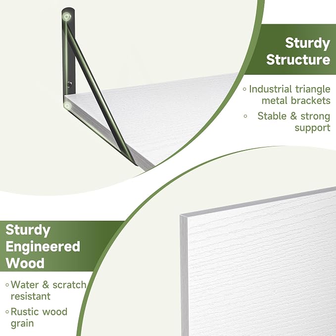 Heimlove 12 Inch Deep Floating Shelves for Wall, 16W x 12D Wide White Floating Shelves Heavy Duty Wall Mounted Shelves, Wood Wall Shelves for Living Room Bedroom Bathroom Kitchen- Set of 4
