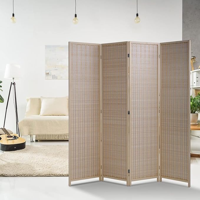 6FT Room Divider 4 Panel, Wall Divider Wood Screen Privacy Screen Seperating Divider Handwork Bamboo Folding Portable for Home Bedroom, Natural