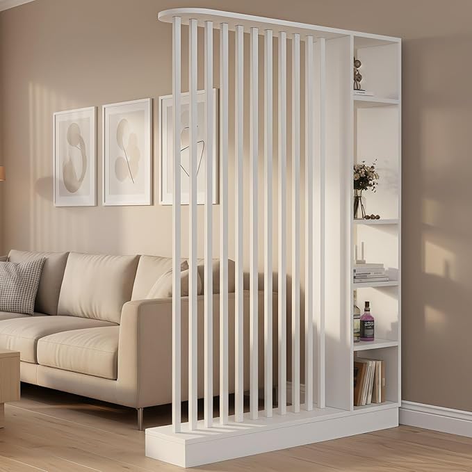 Wall Room Divider, Freestanding Wood Room Divider Shelf with Shelves, Divider Screen Separator Screen with Storage, Wall Divider for Room Separation, for Home Office (White, 55.1x9.4x78.7in)