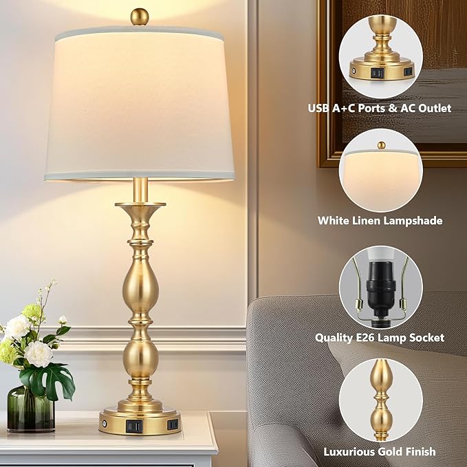 28" Tall Modern Table Lamp with USB A+C Ports and AC Outlet, 3 Way Touch Metal Bedside Lamps for Bedroom, Gold Farmhouse Nightstand Lamps for Living Room
