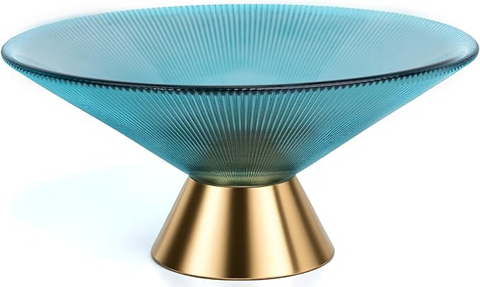 Tapered Glass Decorative Bowl (Blue), 9.8 Inches Handblown Striped Design Glass Bowl with Rust Resistant Metal Base,Decorative Fruit Bowl for Home Decor,Table Centerpiece,Kitchen Island,Dining Decor