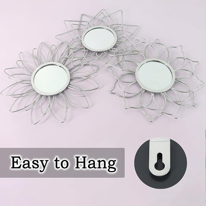 Silver Mirrors for Wall, 9 inch Metal Flower Mirrors Home Valentine Decoration, Valentine Wall Art Decorative Mirror Small Mirror for Living Room Bedroom, Entrance Set of 3