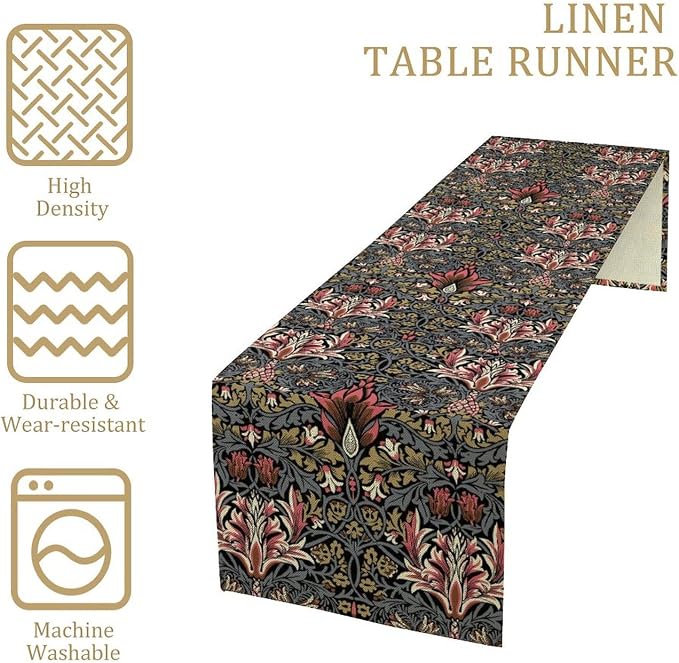 William Morris Vintage Flower Table Runner, Beautiful Vintage Boho Floral Tree Plant Birds Pattern Dinner Runner for Home Kitchen Dining Table Decoration 13x60 Inch