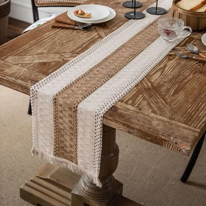 ZAIIVE Geometric Patterned Table Runner with Tassels ,Rustic Table Runners 70 Inches Long for Dresser Home Dining Table Decor (Cream & Brown Stripes, 12x70'')