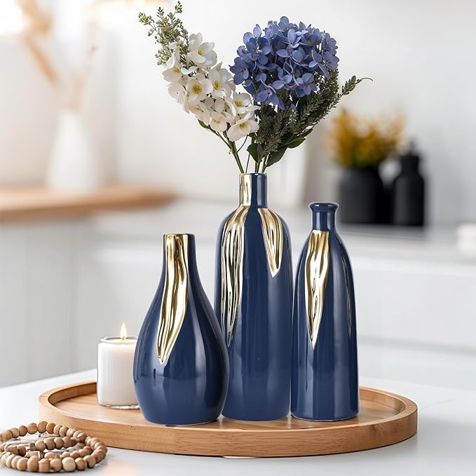 Ceramic Vase Set of 3, Blue and Gold Vases for Home Decor Farmhouse Vases, Mantels, Shelves and Entryways, Table Centerpieces, Living Rooms, Fireplaces and Kitchen Decor.