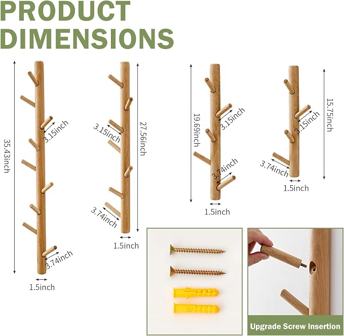 Vertical Coat Rack Wall Mounted - Height 16 Inches, Oak Wood Vertical Hat Rack for Wall with 4 Hooks, Modern Coat Rack Tree for Hanging Hats, Jackets, Bags in Entryway Bedroom Office