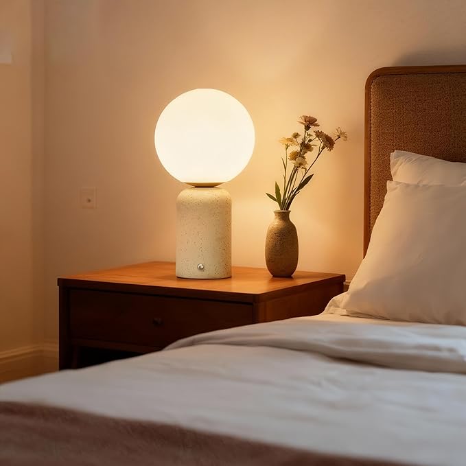 10.6 inch Mushroom Lamp, Cute Cordless Rechargeable Table Lamp with Glass Shade, 3 Color Temps LED Dimmable Ambient Lighting, Small Retro Touch Bedside Light for Decor, Resin Base.