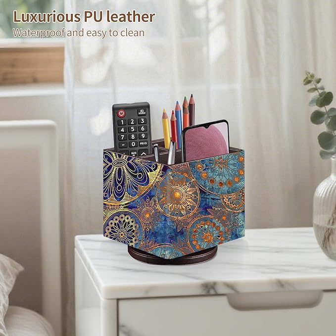 Remote Control Holder PU Leather TV Remote Caddy for Table, 360 Swivel Pen Holder for Desk Organizers and Accessories, Nightstand Organizer for Bedroom/ Office, Home Decorations for Living Room